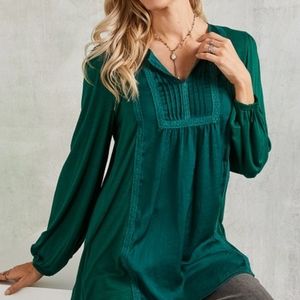 Suzanne Betro Dark Green Notch-Neck Balloon-Sleeve Tunic - Women